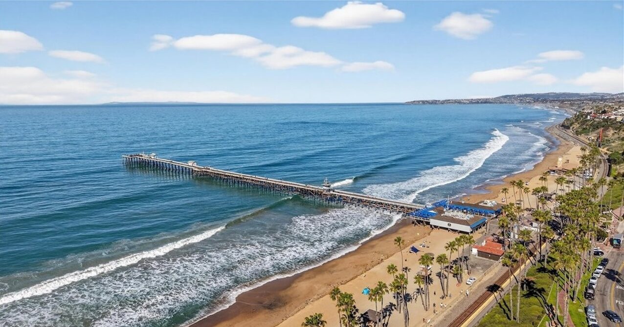 Aerial view of the San Clemente Pier, beach and Pier Bowl shoreline