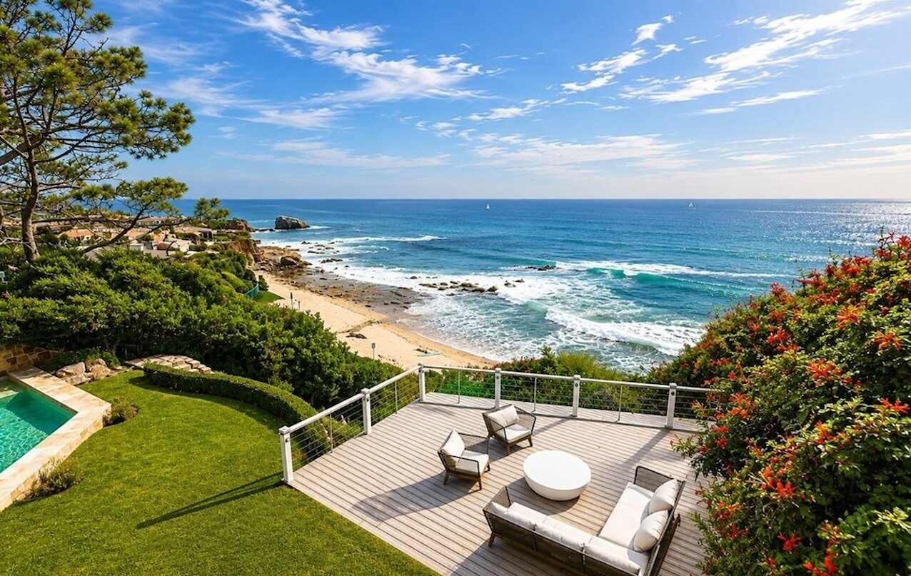 Deck with outdoor seating and a pool overlooking the Pacific Ocean and beach in Shorecliffs